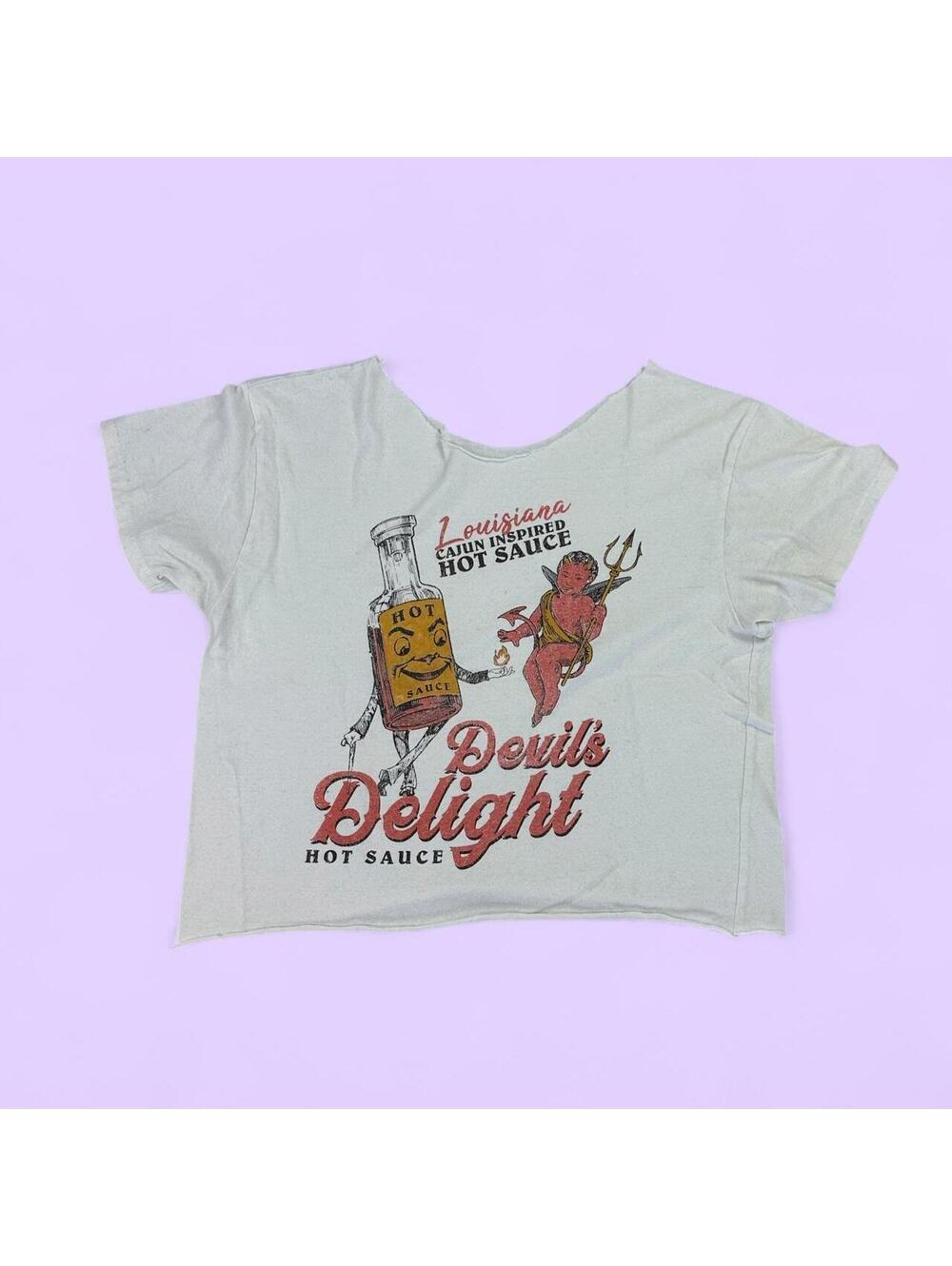 White Cropped 'Devil's Delight Hot Sauce' Graphic T-Shirt